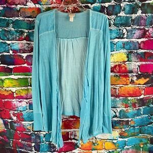 Chico's Mixed Media Open Front Waterfall Cardigan Sweater Coastal Blue Size 2 La